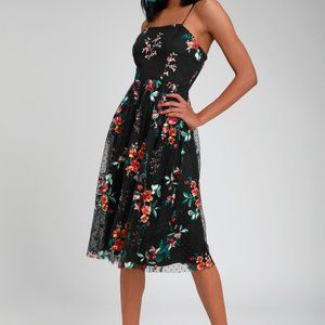 Lulus Down to Party Black Floral Embroidered Midi